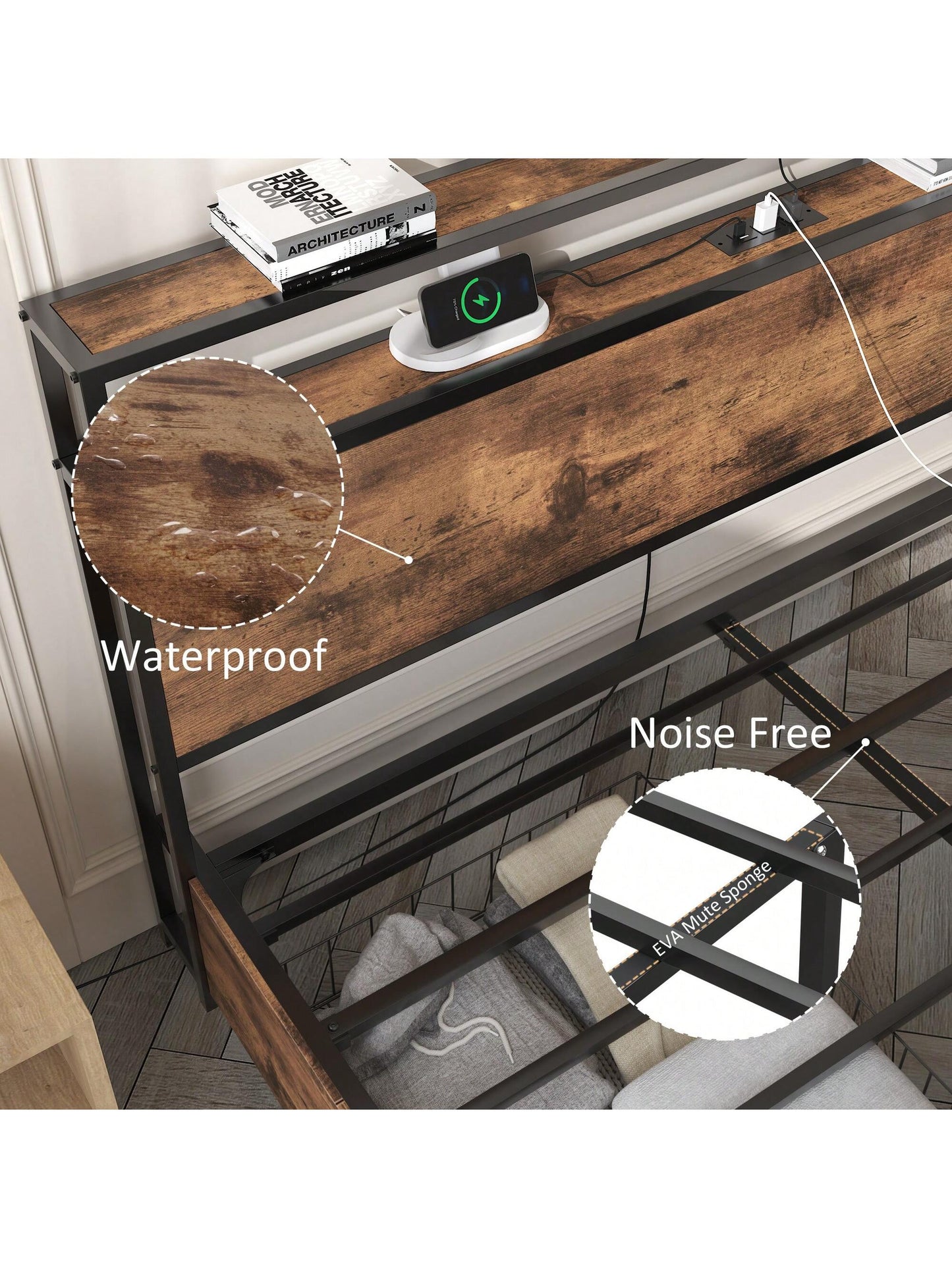 Gunji Queen Bed Frame With Headboard Charging Station Storage Drawer, Metal Support