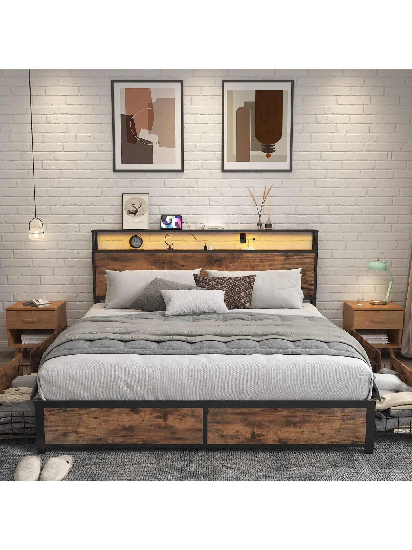 Gunji Queen Bed Frame With Headboard Charging Station Storage Drawer, Metal Support