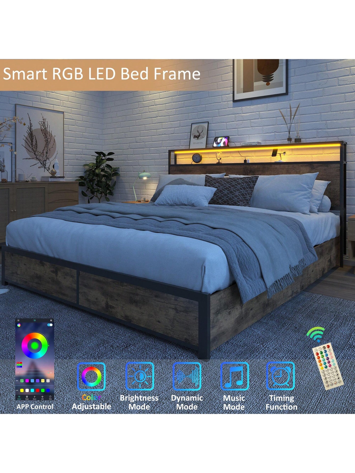 Gunji Queen Bed Frame With Headboard Charging Station Storage Drawer, Metal Support