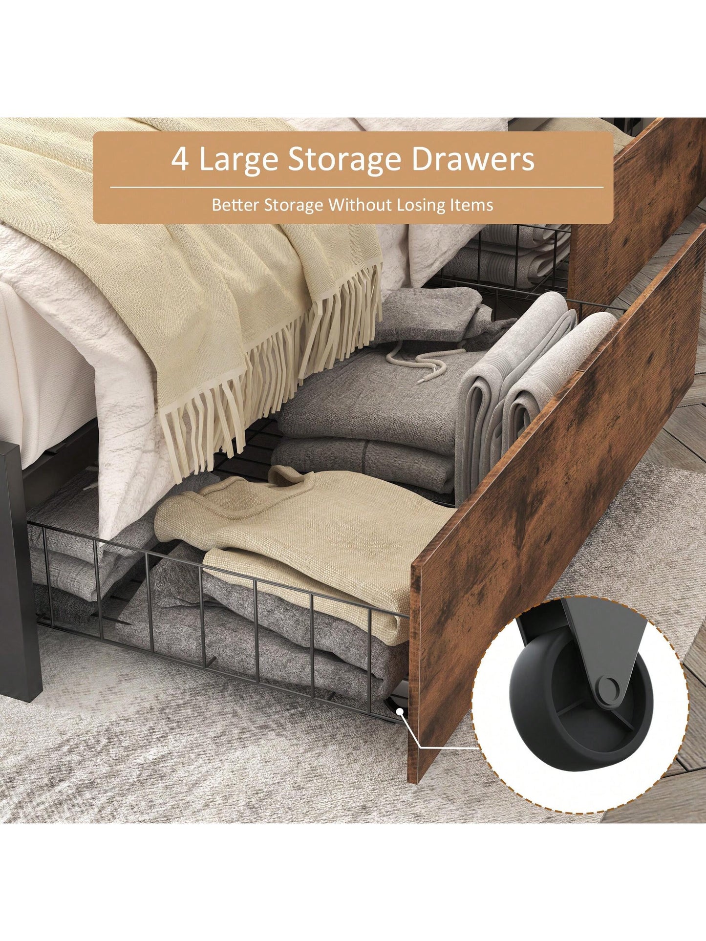 Gunji Queen Bed Frame With Headboard Charging Station Storage Drawer, Metal Support