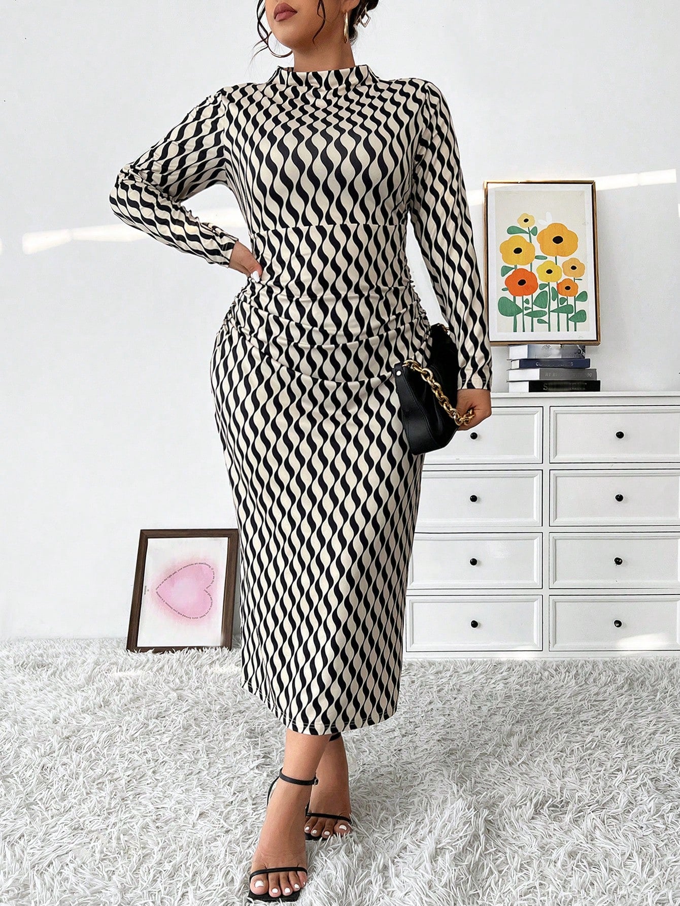 Plus Size Women's Turtleneck Tight Fit Wavy Printed Slim Bodycon Dress, Autumn Maxi Women Outfit