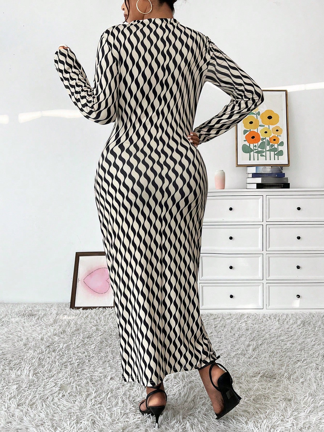 Plus Size Women's Turtleneck Tight Fit Wavy Printed Slim Bodycon Dress, Autumn Maxi Women Outfit