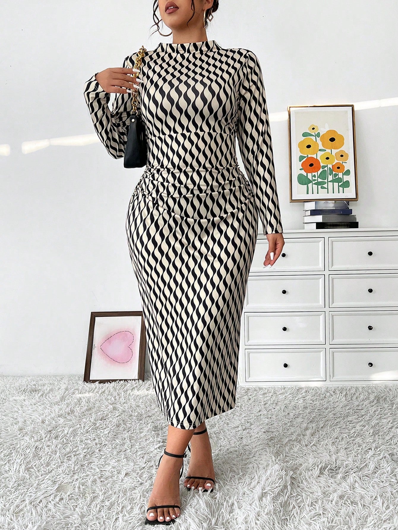 Plus Size Women's Turtleneck Tight Fit Wavy Printed Slim Bodycon Dress, Autumn Maxi Women Outfit