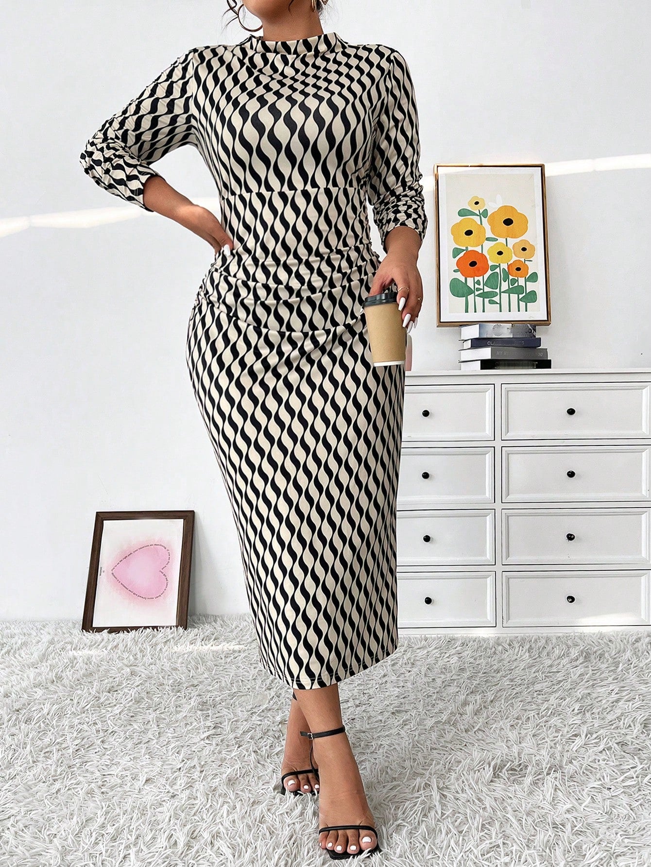 Plus Size Women's Turtleneck Tight Fit Wavy Printed Slim Bodycon Dress, Autumn Maxi Women Outfit
