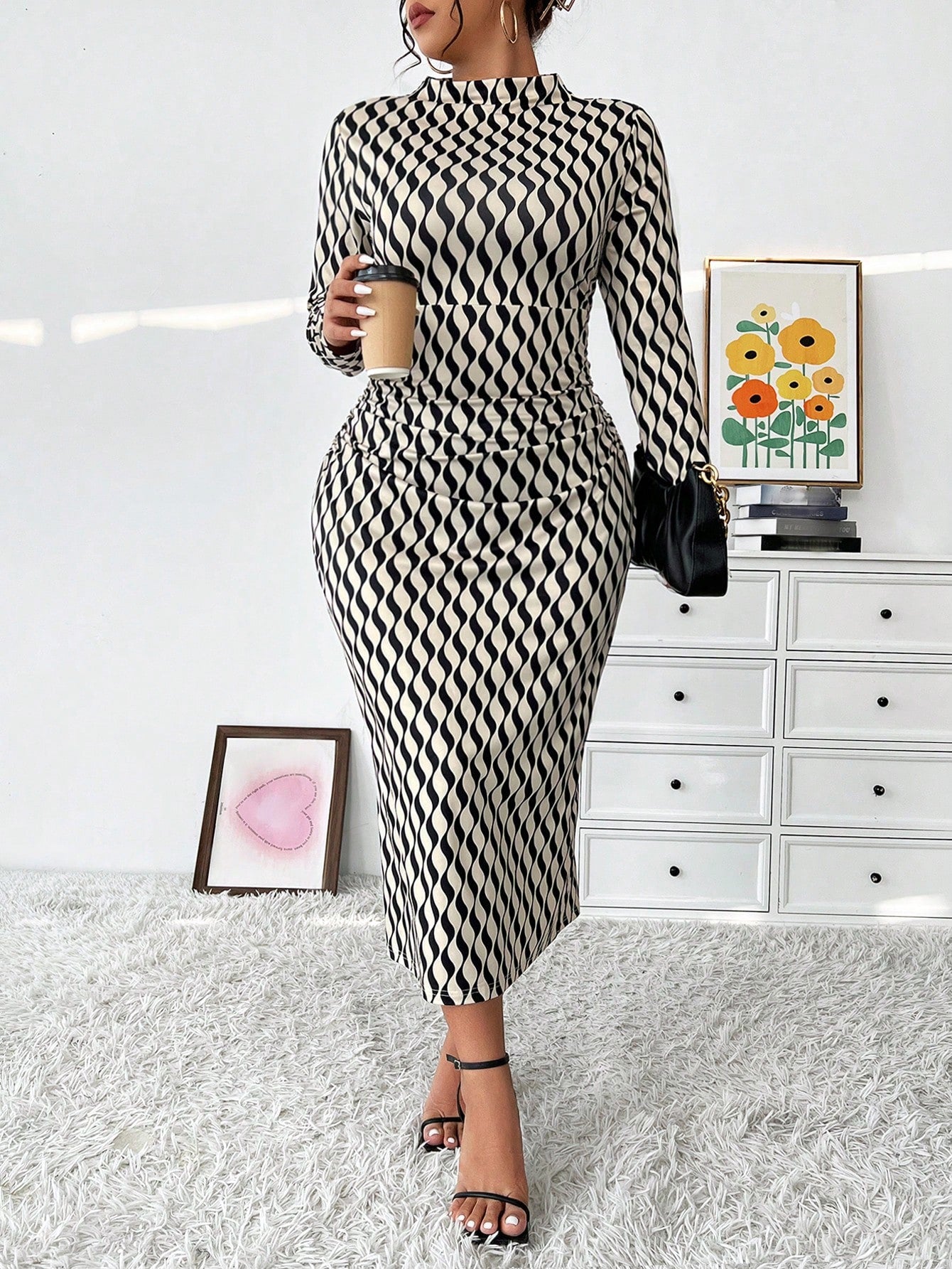 Plus Size Women's Turtleneck Tight Fit Wavy Printed Slim Bodycon Dress, Autumn Maxi Women Outfit