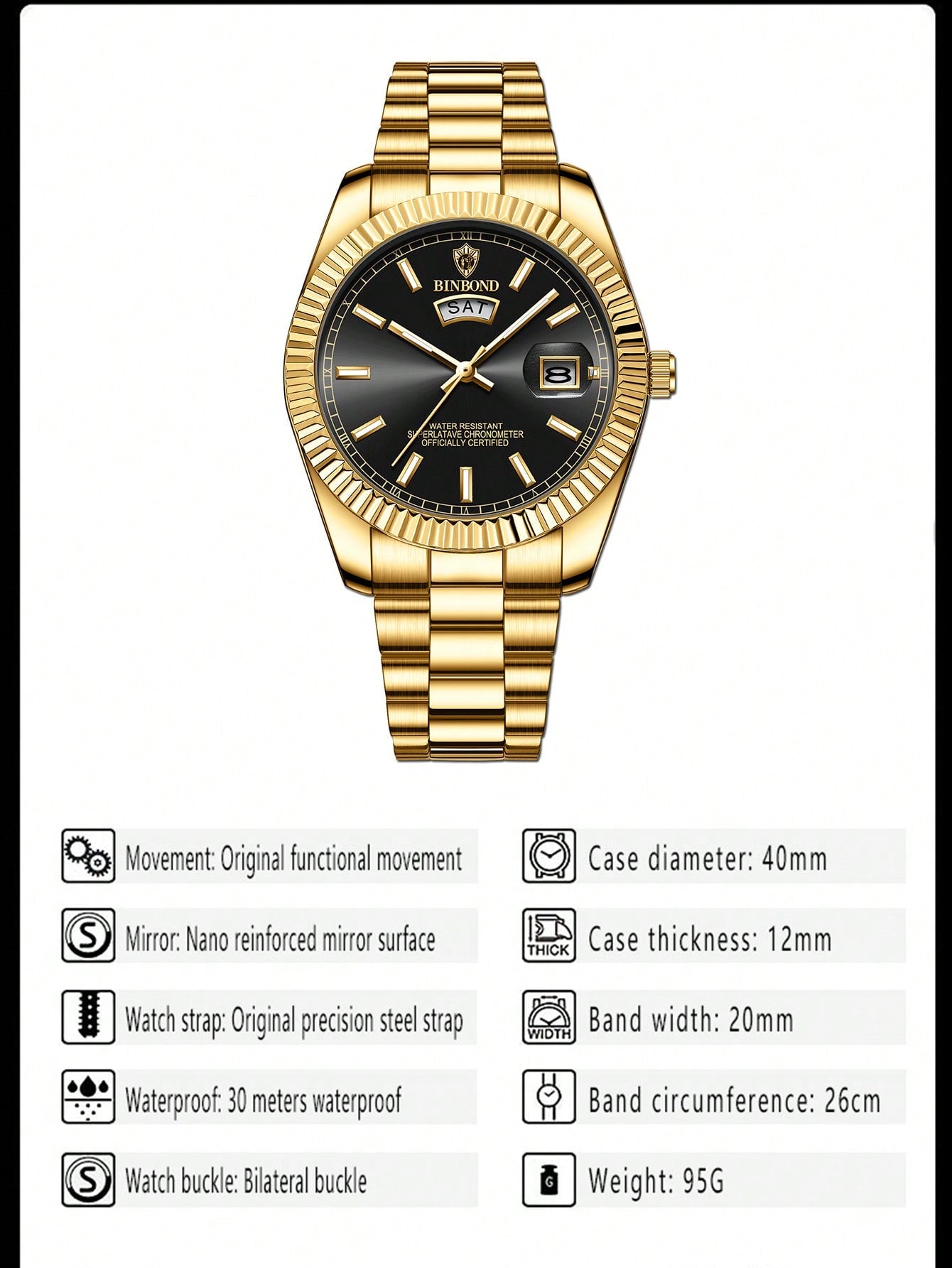 BINBOND 1pc Men Watch Fashionable Quartz Watch Simple Double Calendar Waterproof Stainless Steel Wrist Watch