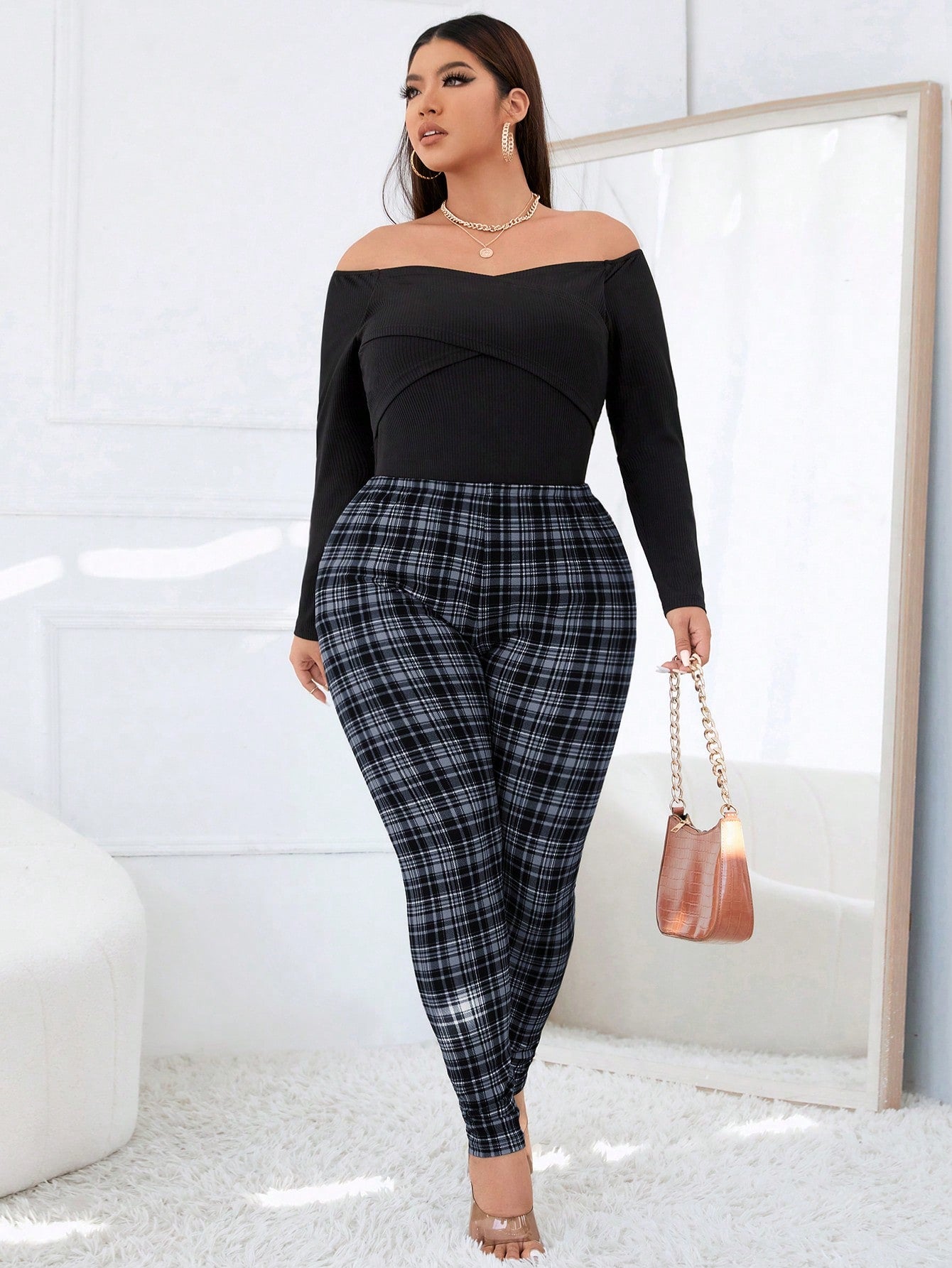 Essnce Plus Size Women's Checkered Stretchy Skinny Leggings