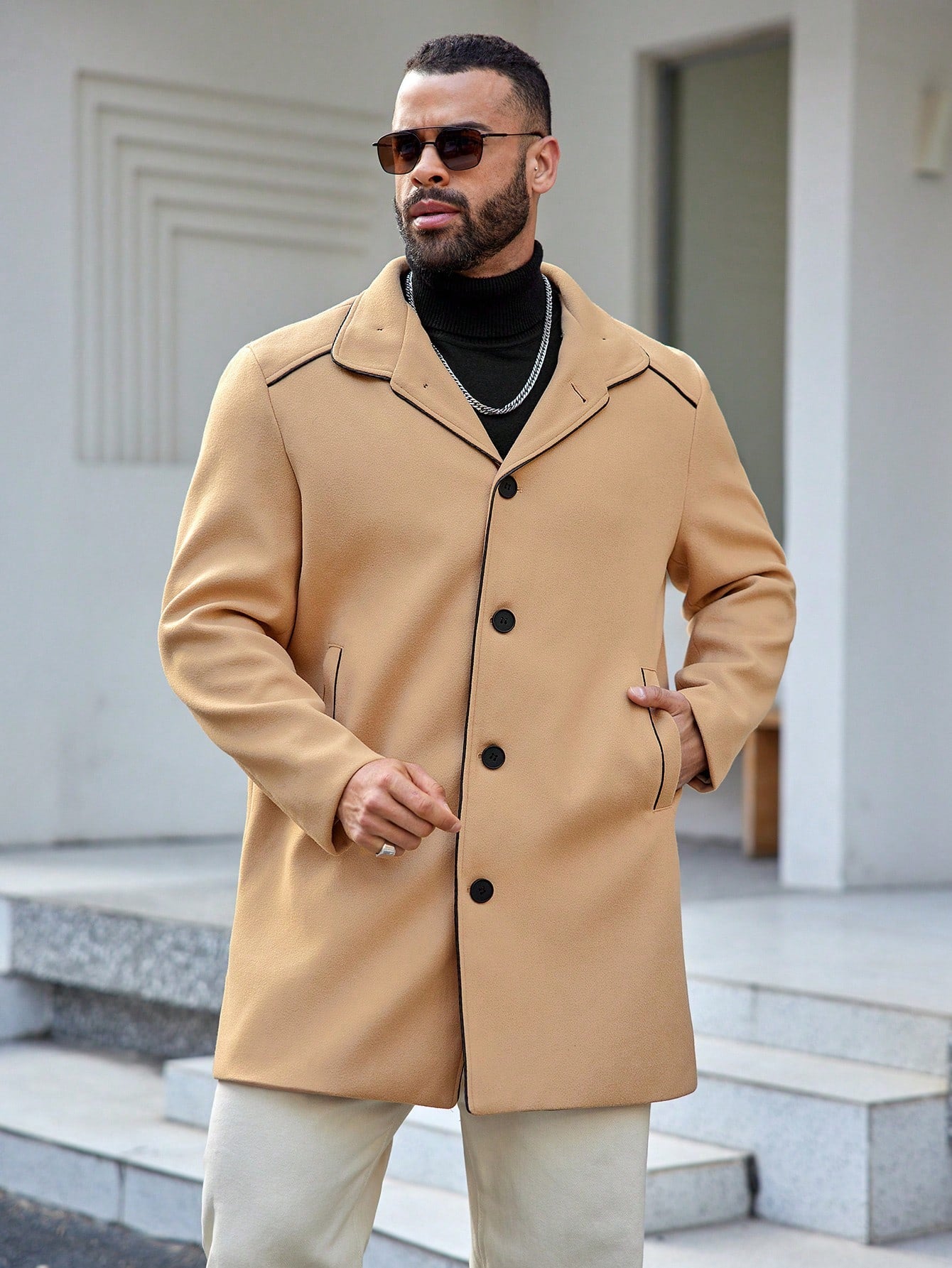 Manfinity Homme Loose Men's Plus Size Woven Casual Overcoat With Pocket, Single Breasted With Side Buttons