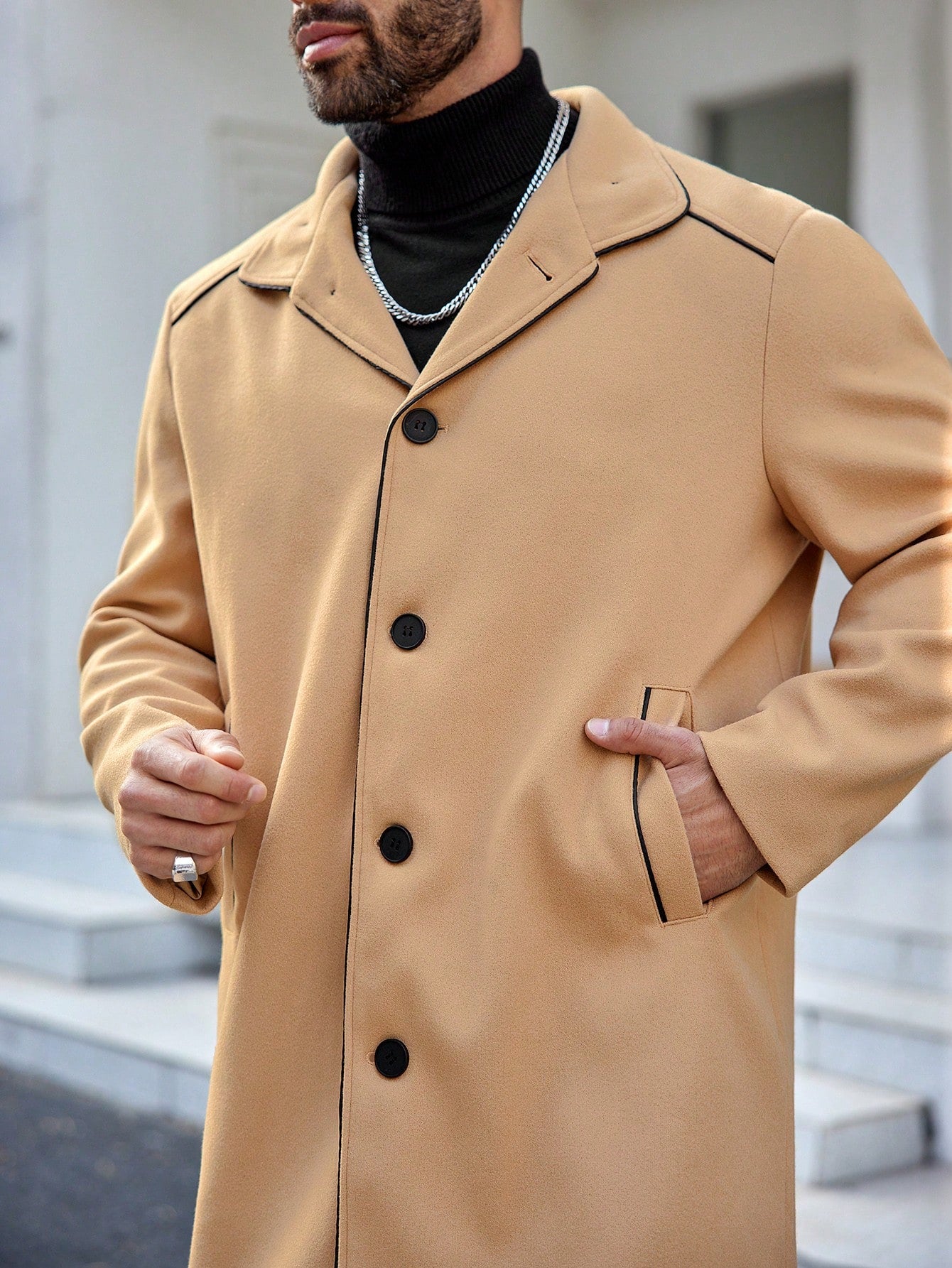 Manfinity Homme Loose Men's Plus Size Woven Casual Overcoat With Pocket, Single Breasted With Side Buttons