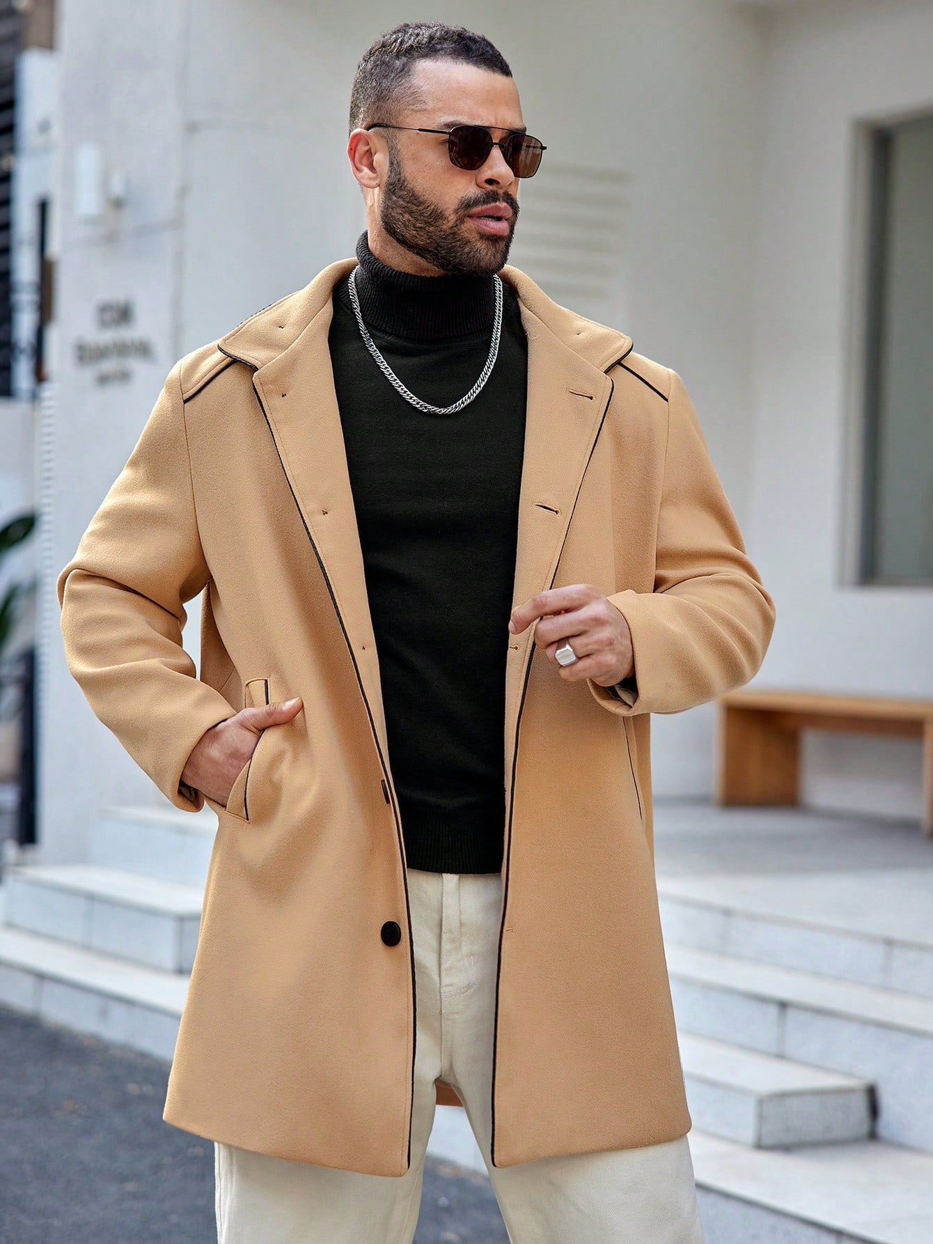 Manfinity Homme Loose Men's Plus Size Woven Casual Overcoat With Pocket, Single Breasted With Side Buttons
