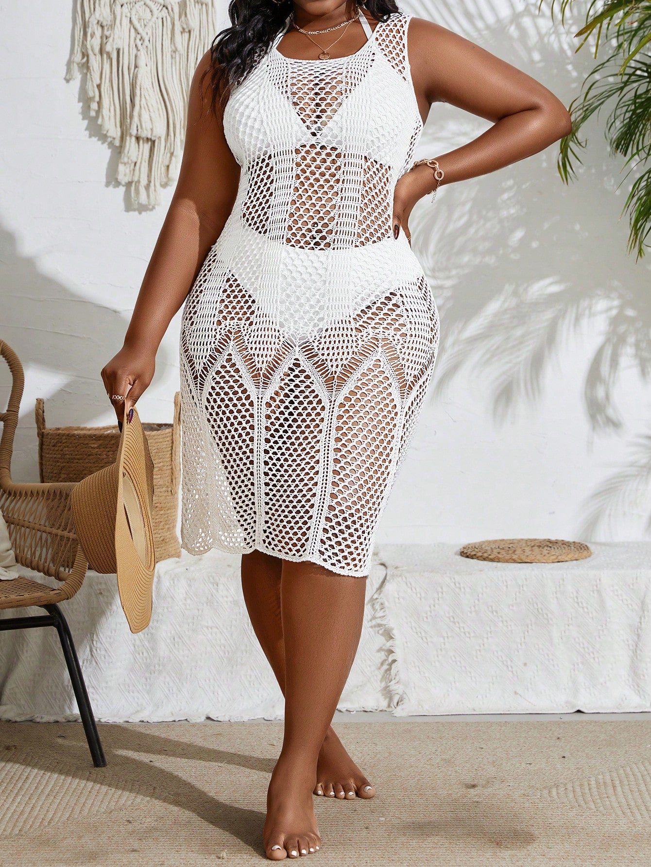 Summer Beach Plus Size Women's Cover Up Tank Dress With Hem Tail, Beach Outfit Vacay Vibe