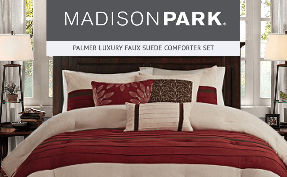 Madison Park Palmer Comforter Sets,7pcs/Set Lightweight Striped Comforter Bedding For All Season,Faux Suede Design Comforter With Shams,Decorative Pillow, Bed Skirt Soft,Available In Black/ Blue/ Green/ Natural/ Purple /Red,Full/Queen/King/Cal King