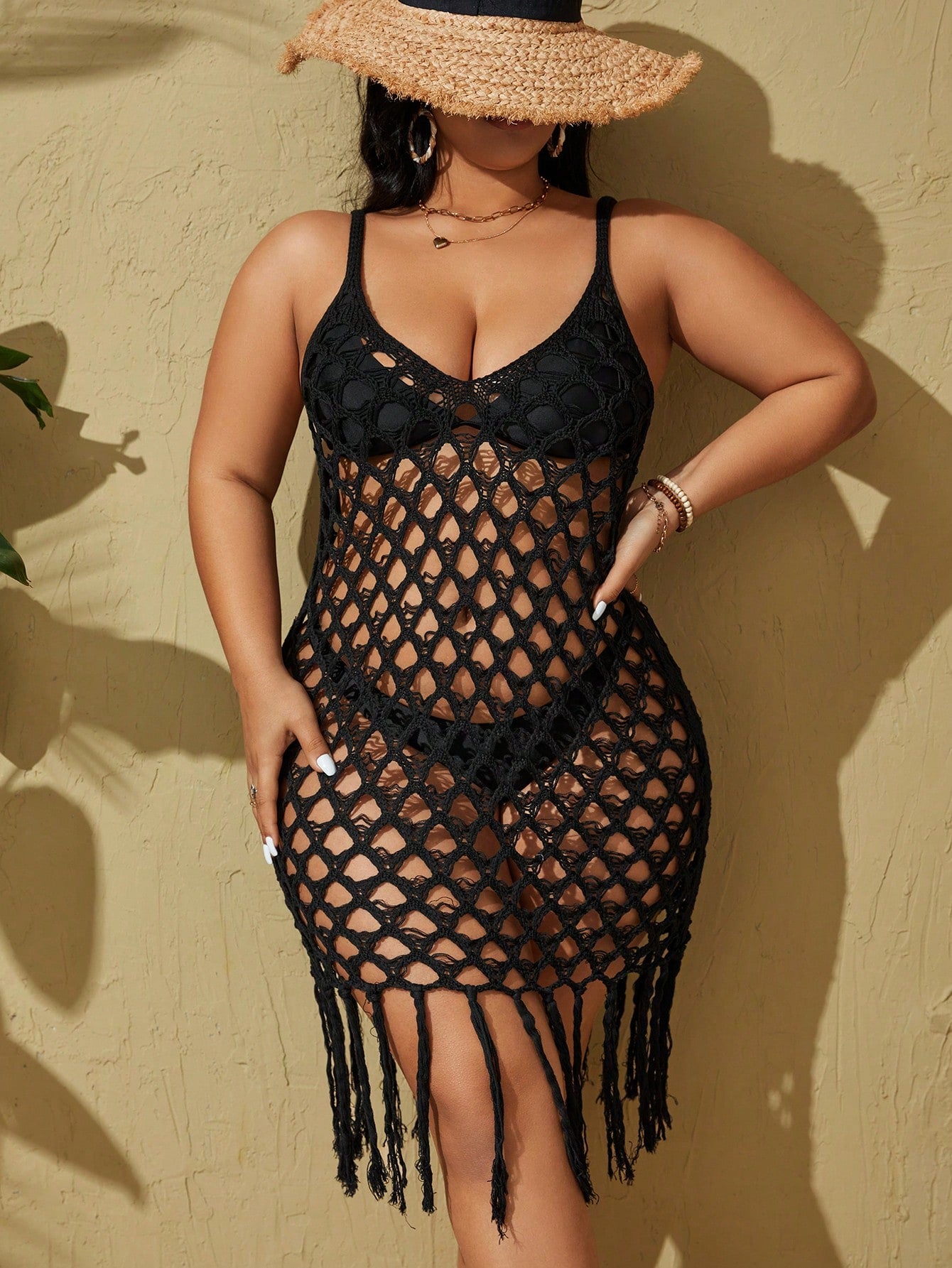 Summer Beach Plus Size Solid Color Hollow Out Knitted Cover Up With Tassel Hem