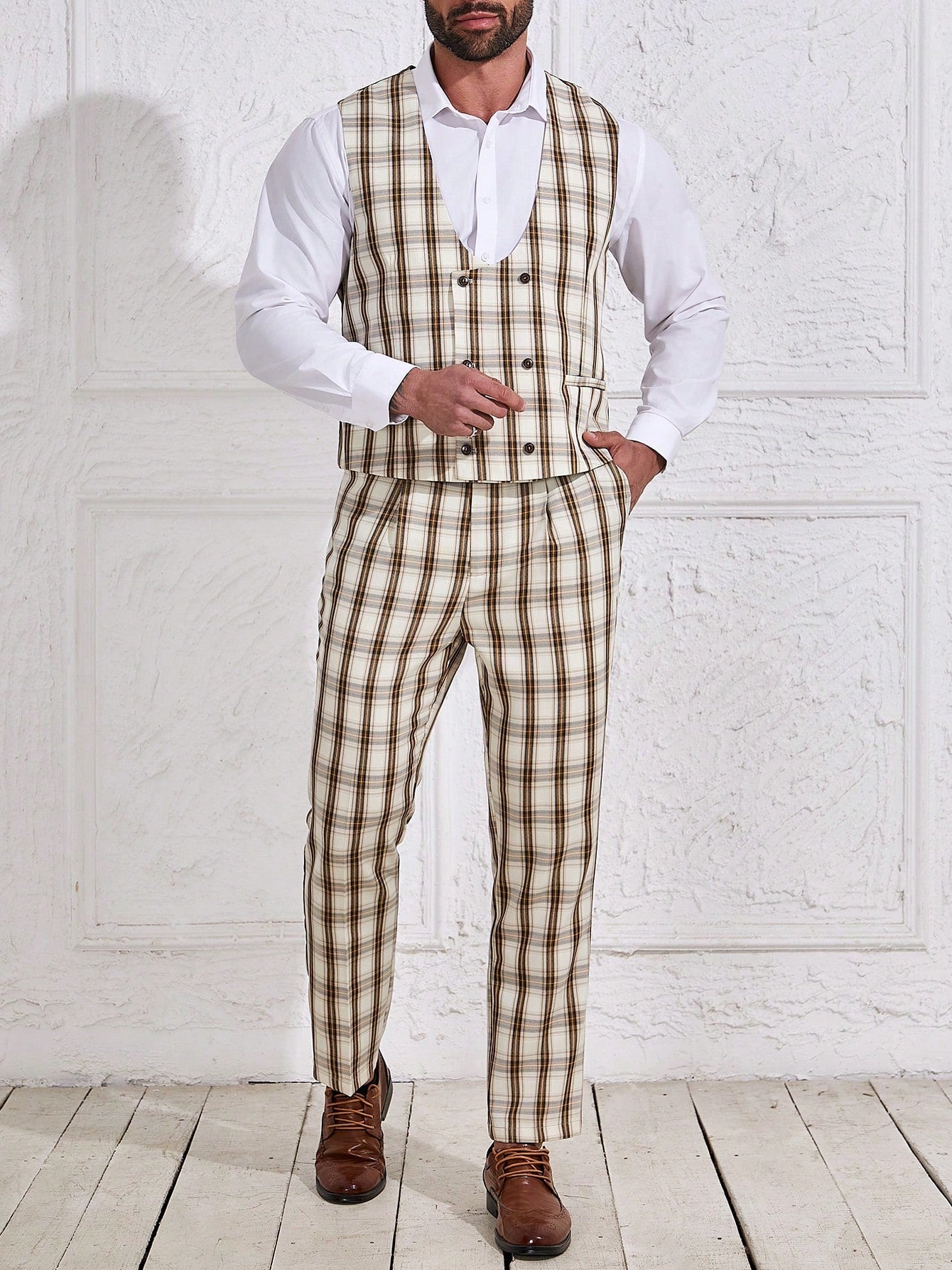 Manfinity Mode Men's Plus Size Plaid Splice Vest & Pants Business Suit