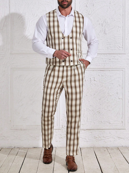 Manfinity Mode Men's Plus Size Plaid Splice Vest & Pants Business Suit