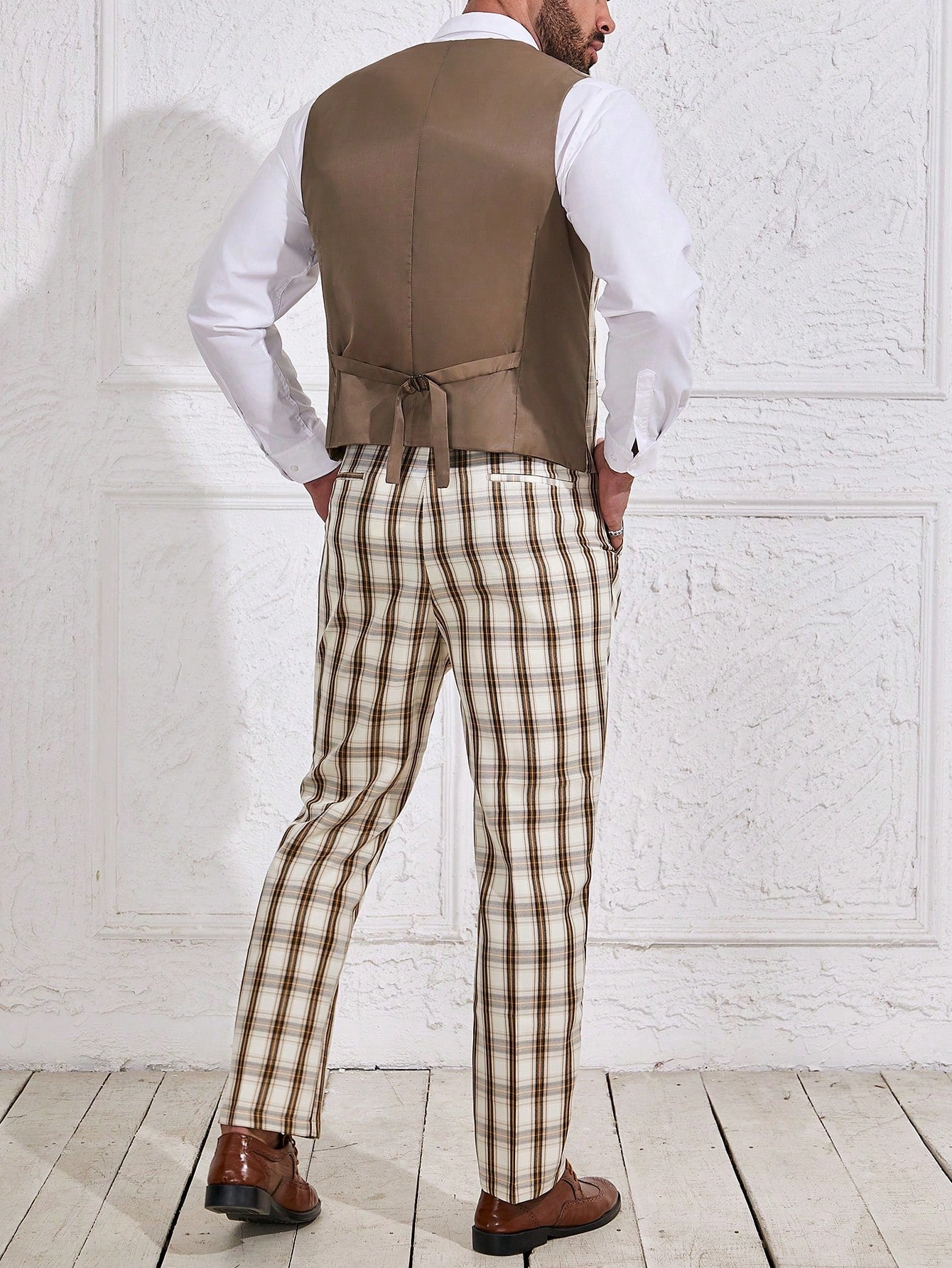 Manfinity Mode Men's Plus Size Plaid Splice Vest & Pants Business Suit