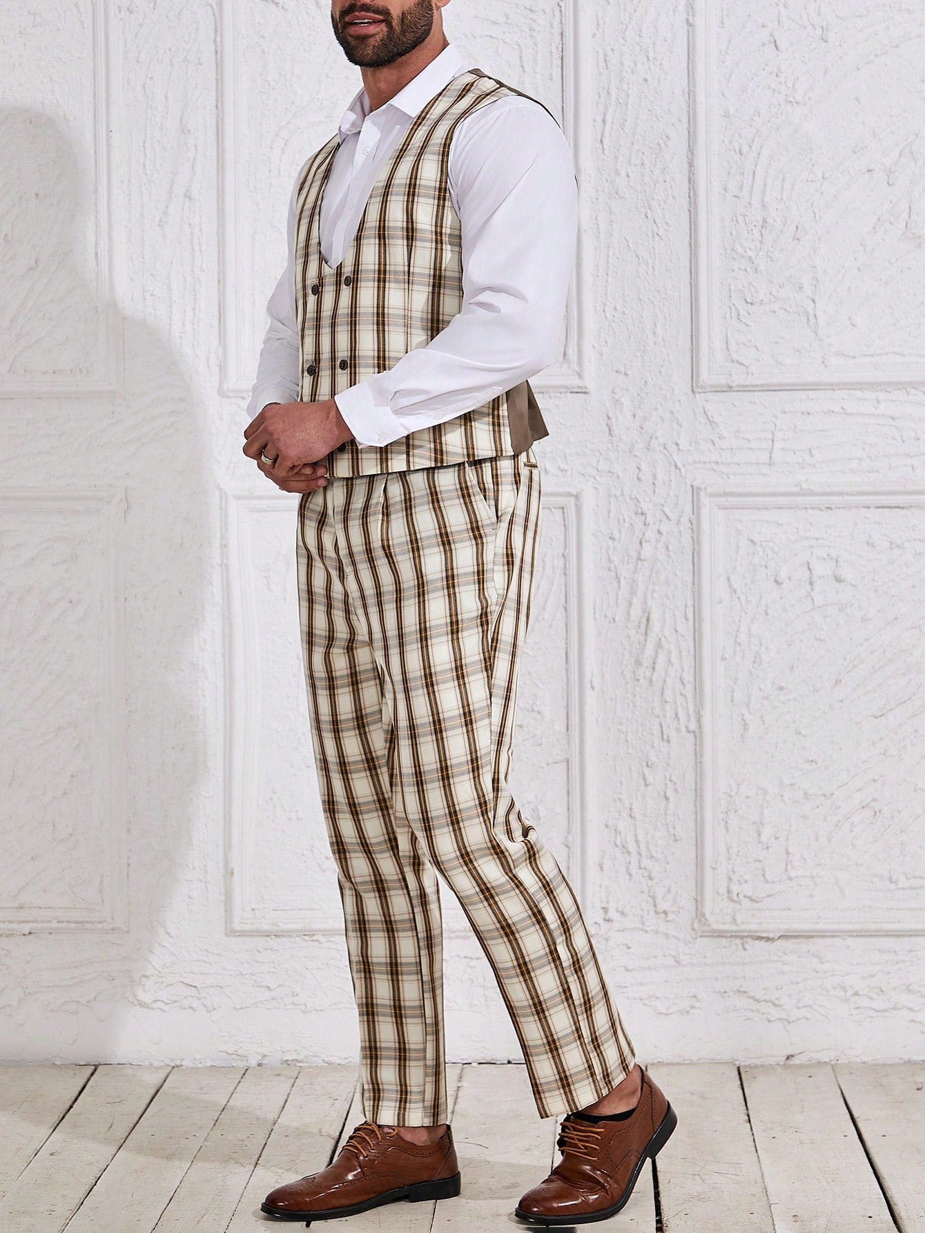 Manfinity Mode Men's Plus Size Plaid Splice Vest & Pants Business Suit