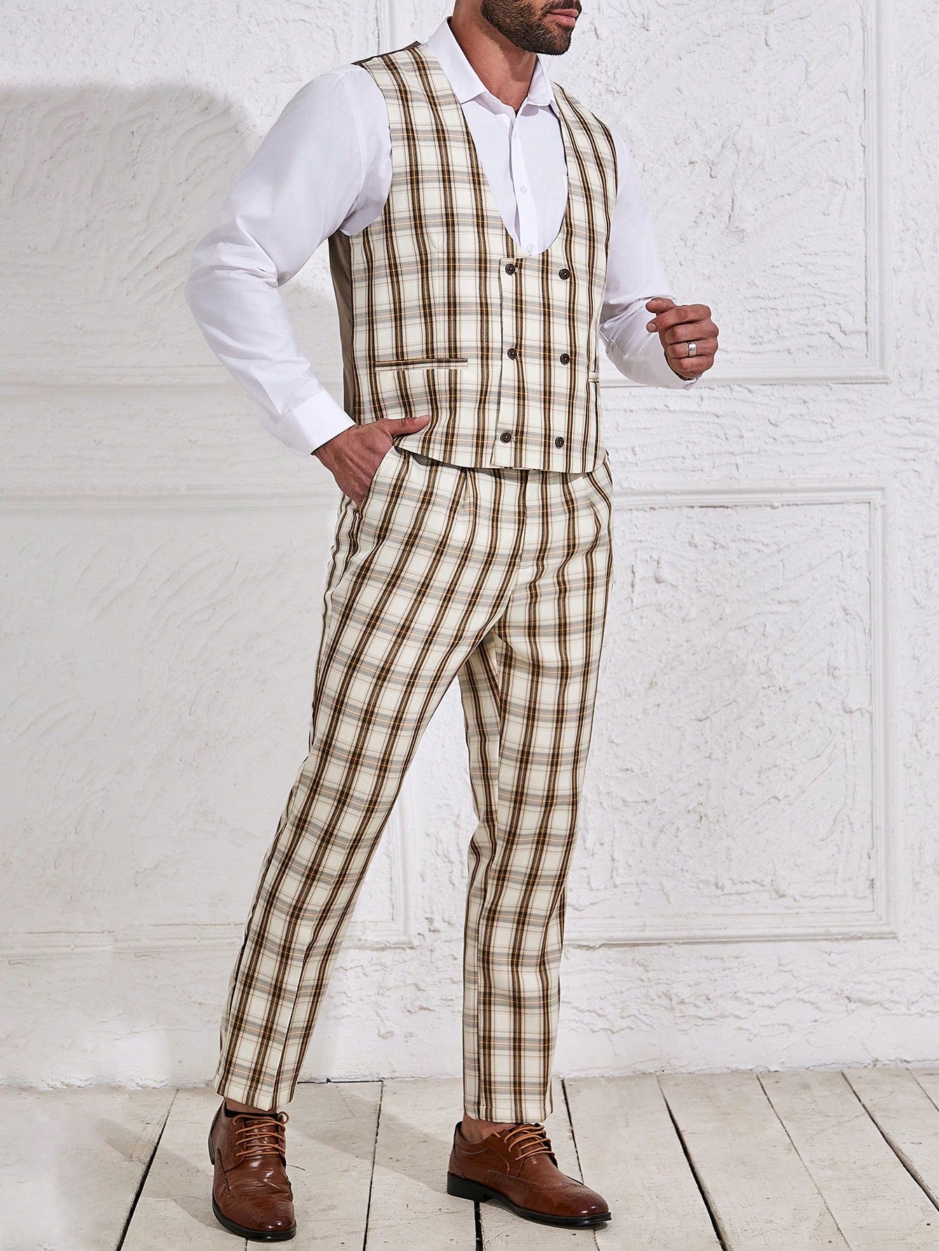 Manfinity Mode Men's Plus Size Plaid Splice Vest & Pants Business Suit