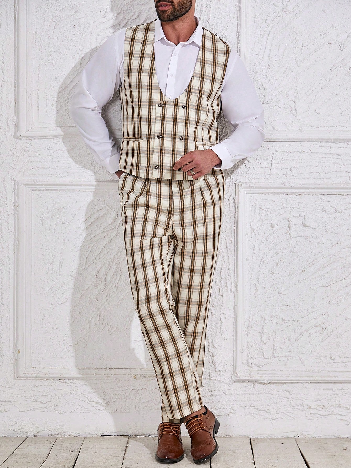 Manfinity Mode Men's Plus Size Plaid Splice Vest & Pants Business Suit