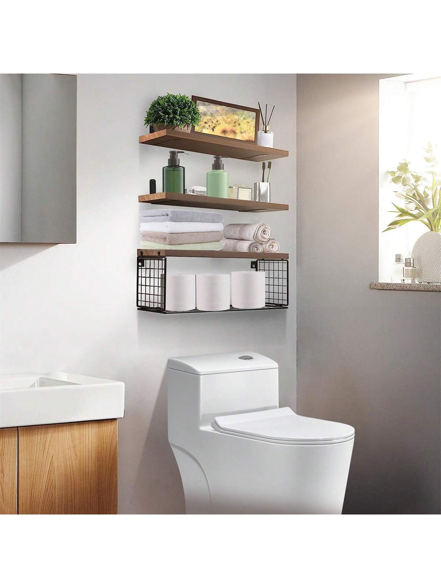 Moclever Moclever 1Pc 2 In 1 Wall Floating Shelves Wall Mounted Storage Basket Bathroom Shelves Over The Toilet Wooden Shelves For Bedroom Living Room Kitchen Office Wall Decor Plants For Decoration Home Bathroom Decor