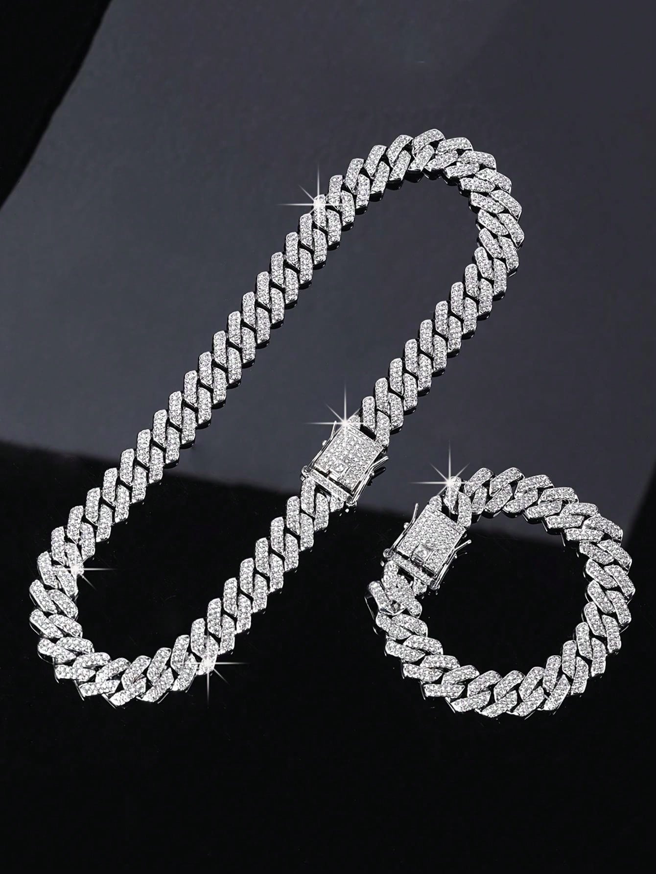 kuuioe 2pcs/Set Trendy Chain Necklace Plus Bracelet Punk Style Hip Hop Jewelry Set Suitable For Men And Women Perfect Decor For Cool Friends Unisex Jewelry