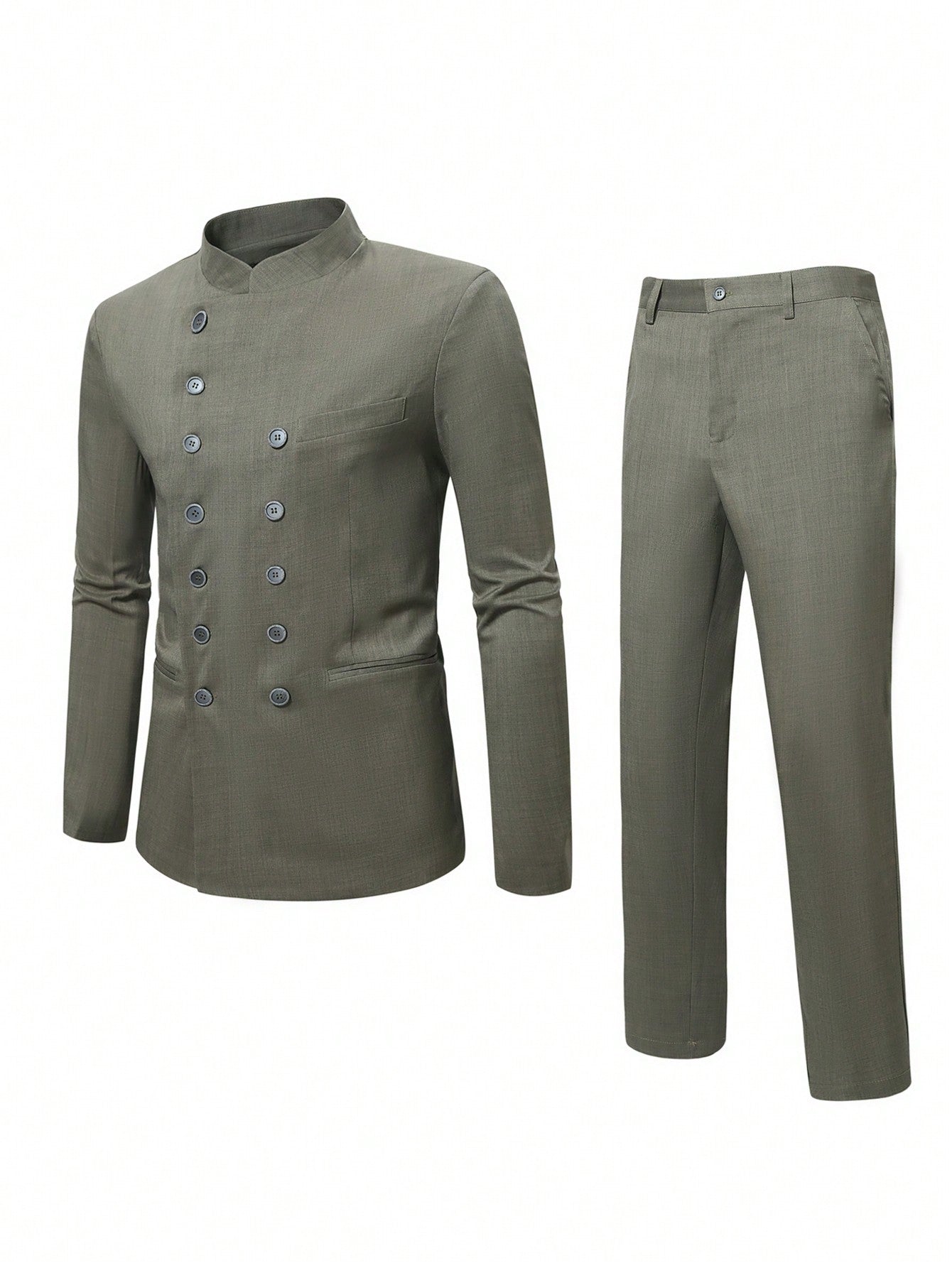 Manfinity Mode Men Spring And Autumn Stand Collar Double-Breasted Long Sleeve Suit Jacket And Pants Business Travel Suit
