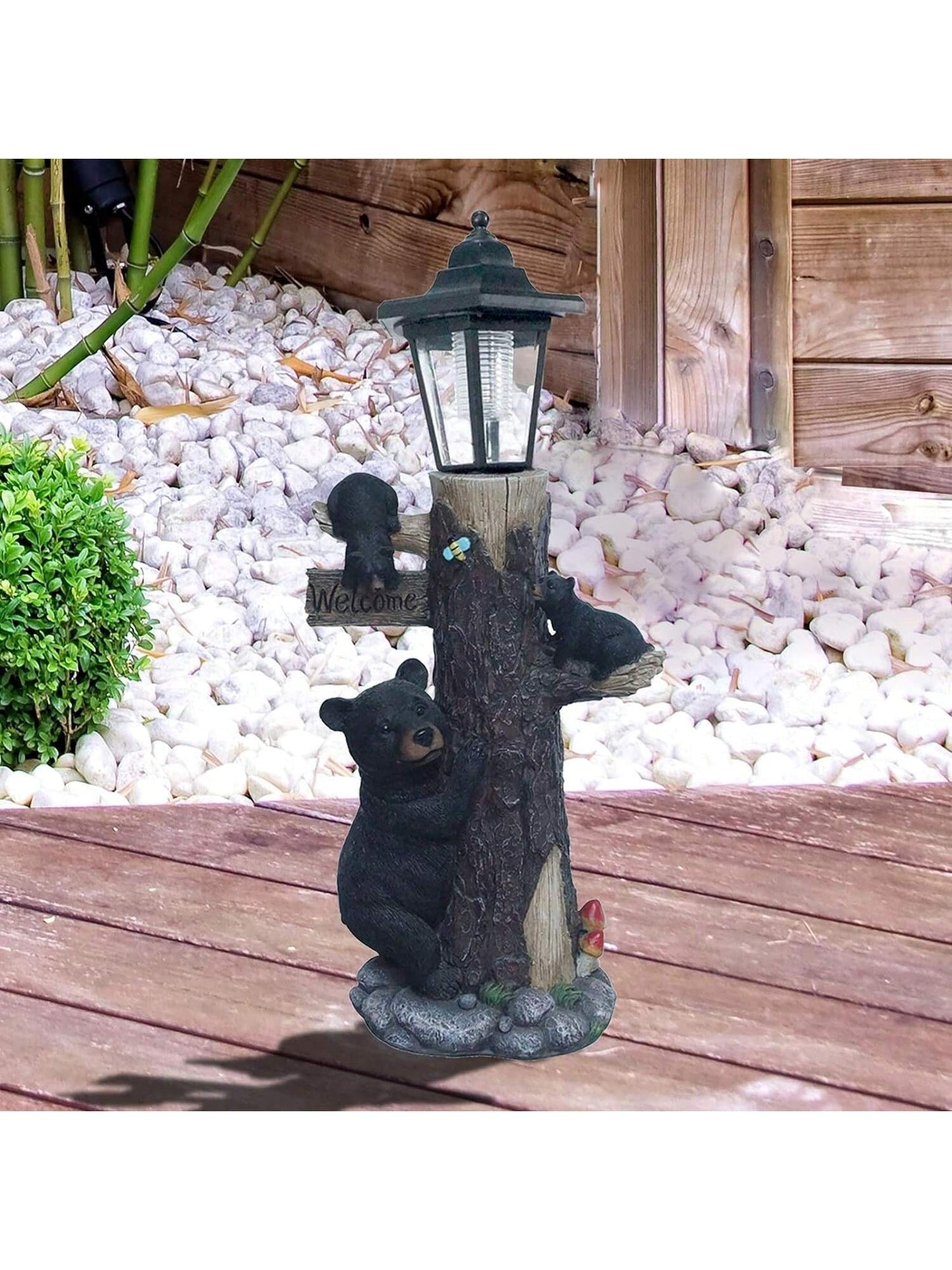 Bear Statue Welcome Sign Garden Statue With Solar Lights, 19 Inches Resin Bear Family On The Tree, Outdoor Bear Décor For Yard, Garden, Lawn, Patio, Black And Brown Animal Statue