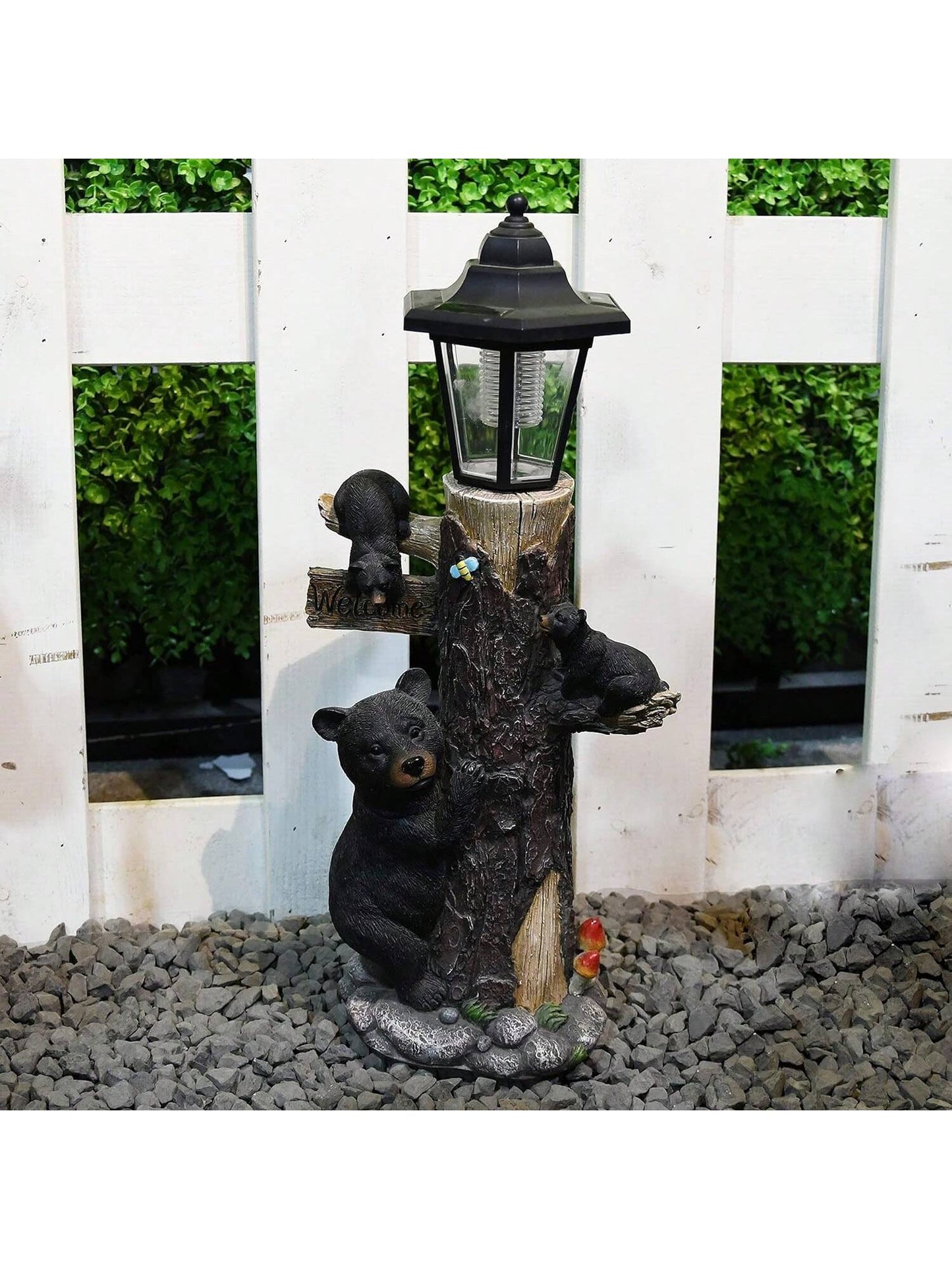 Bear Statue Welcome Sign Garden Statue With Solar Lights, 19 Inches Resin Bear Family On The Tree, Outdoor Bear Décor For Yard, Garden, Lawn, Patio, Black And Brown Animal Statue