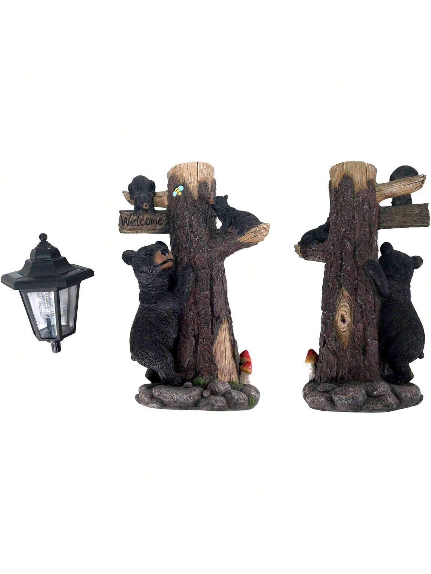Bear Statue Welcome Sign Garden Statue With Solar Lights, 19 Inches Resin Bear Family On The Tree, Outdoor Bear Décor For Yard, Garden, Lawn, Patio, Black And Brown Animal Statue