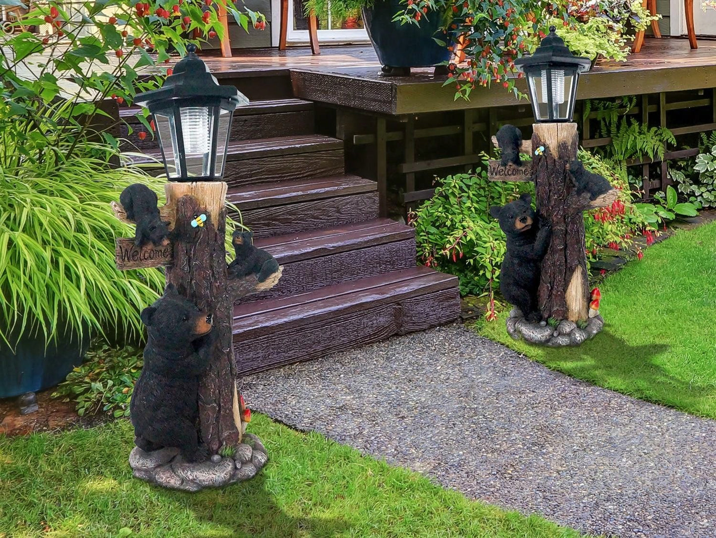 Bear Statue Welcome Sign Garden Statue With Solar Lights, 19 Inches Resin Bear Family On The Tree, Outdoor Bear Décor For Yard, Garden, Lawn, Patio, Black And Brown Animal Statue