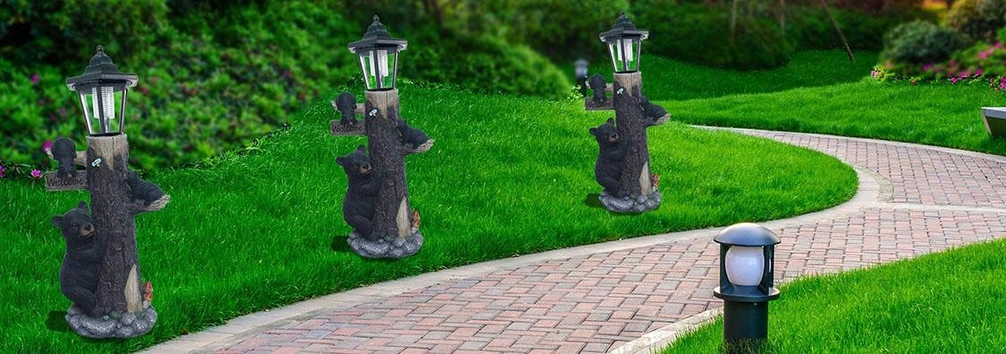 Bear Statue Welcome Sign Garden Statue With Solar Lights, 19 Inches Resin Bear Family On The Tree, Outdoor Bear Décor For Yard, Garden, Lawn, Patio, Black And Brown Animal Statue