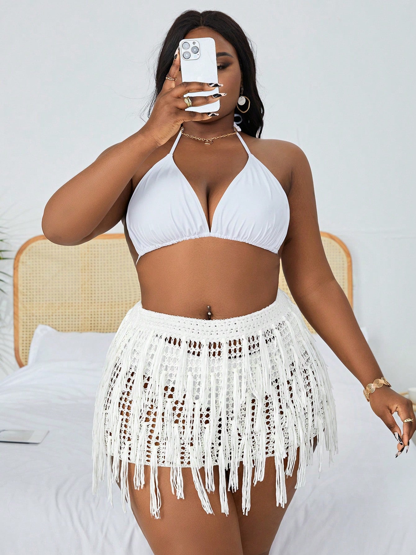 Summer Beach Plus Size Holiday Solid Color Hollow Out Knitted Tassel Trim Slim Fit Mini Cover Up Skirt Set