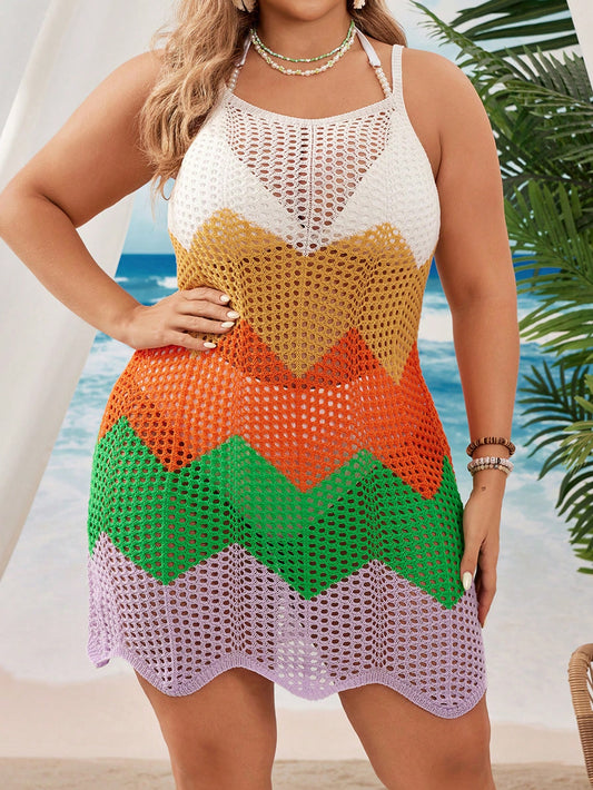 Swim Curve Summer Beach Plus Size Hollow Out Knitted Cami Dress With Color Block Design For Beach Vacation