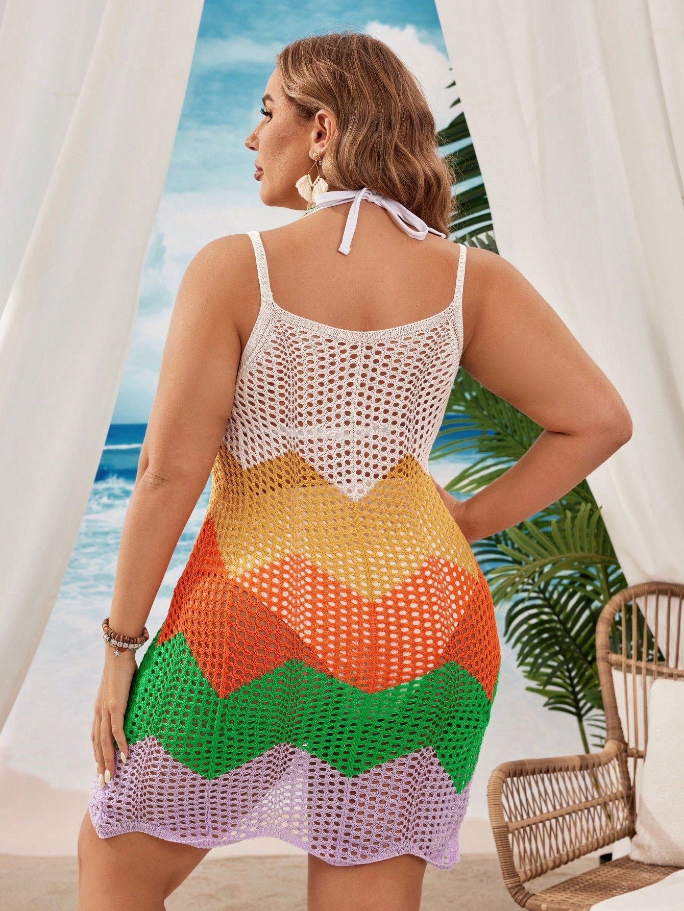 Swim Curve Summer Beach Plus Size Hollow Out Knitted Cami Dress With Color Block Design For Beach Vacation