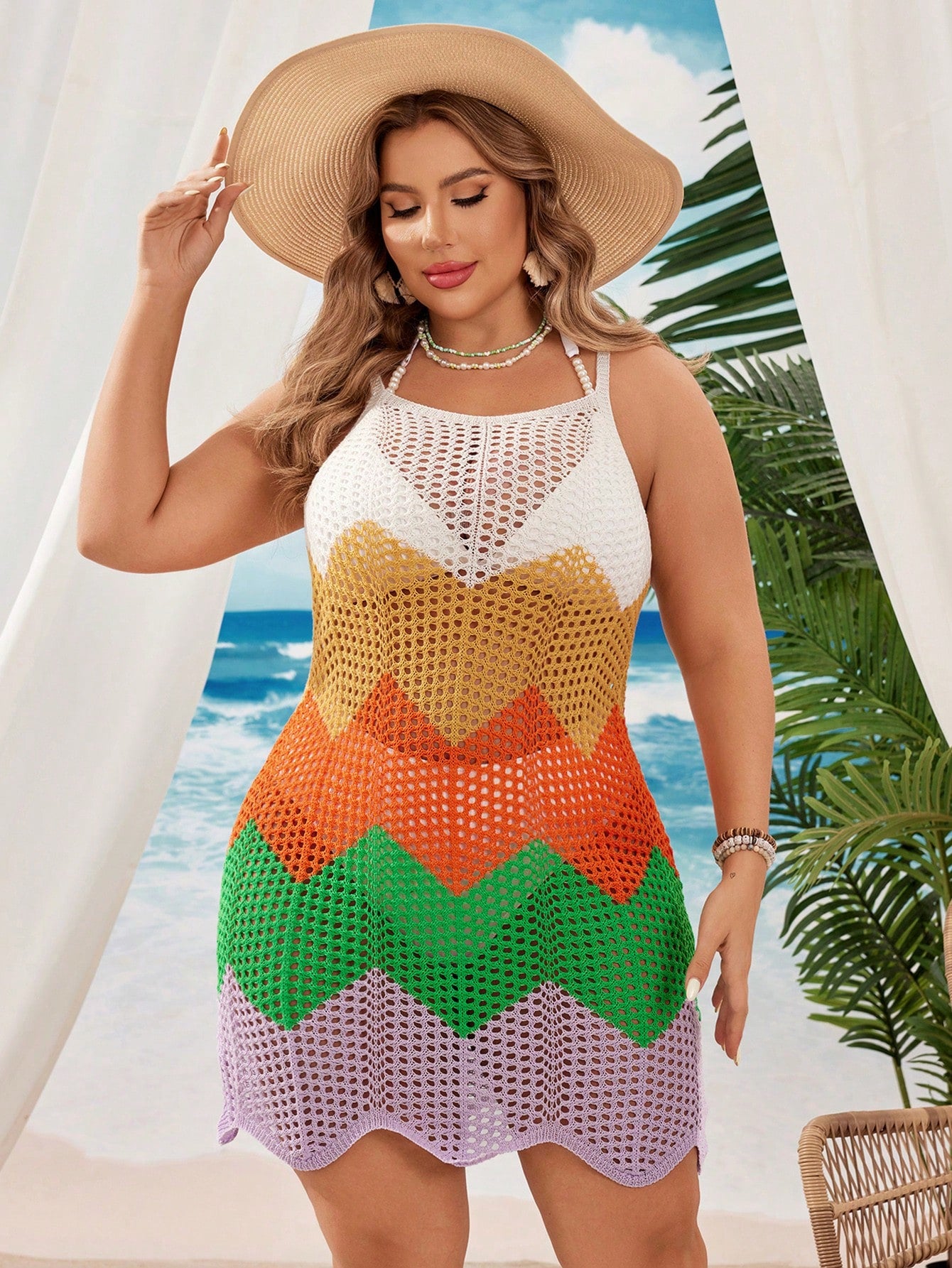 Swim Curve Summer Beach Plus Size Hollow Out Knitted Cami Dress With Color Block Design For Beach Vacation