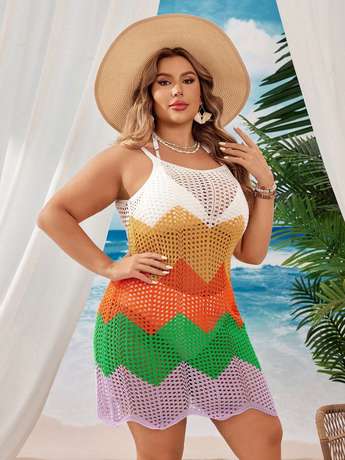 Swim Curve Summer Beach Plus Size Hollow Out Knitted Cami Dress With Color Block Design For Beach Vacation