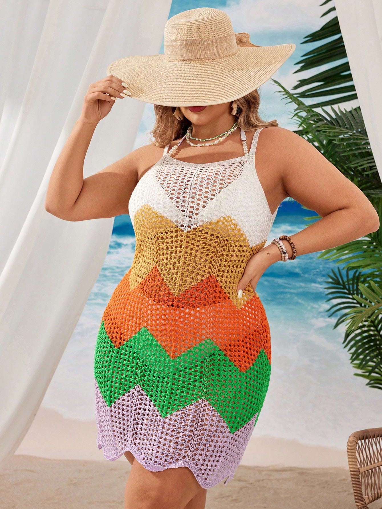 Swim Curve Summer Beach Plus Size Hollow Out Knitted Cami Dress With Color Block Design For Beach Vacation