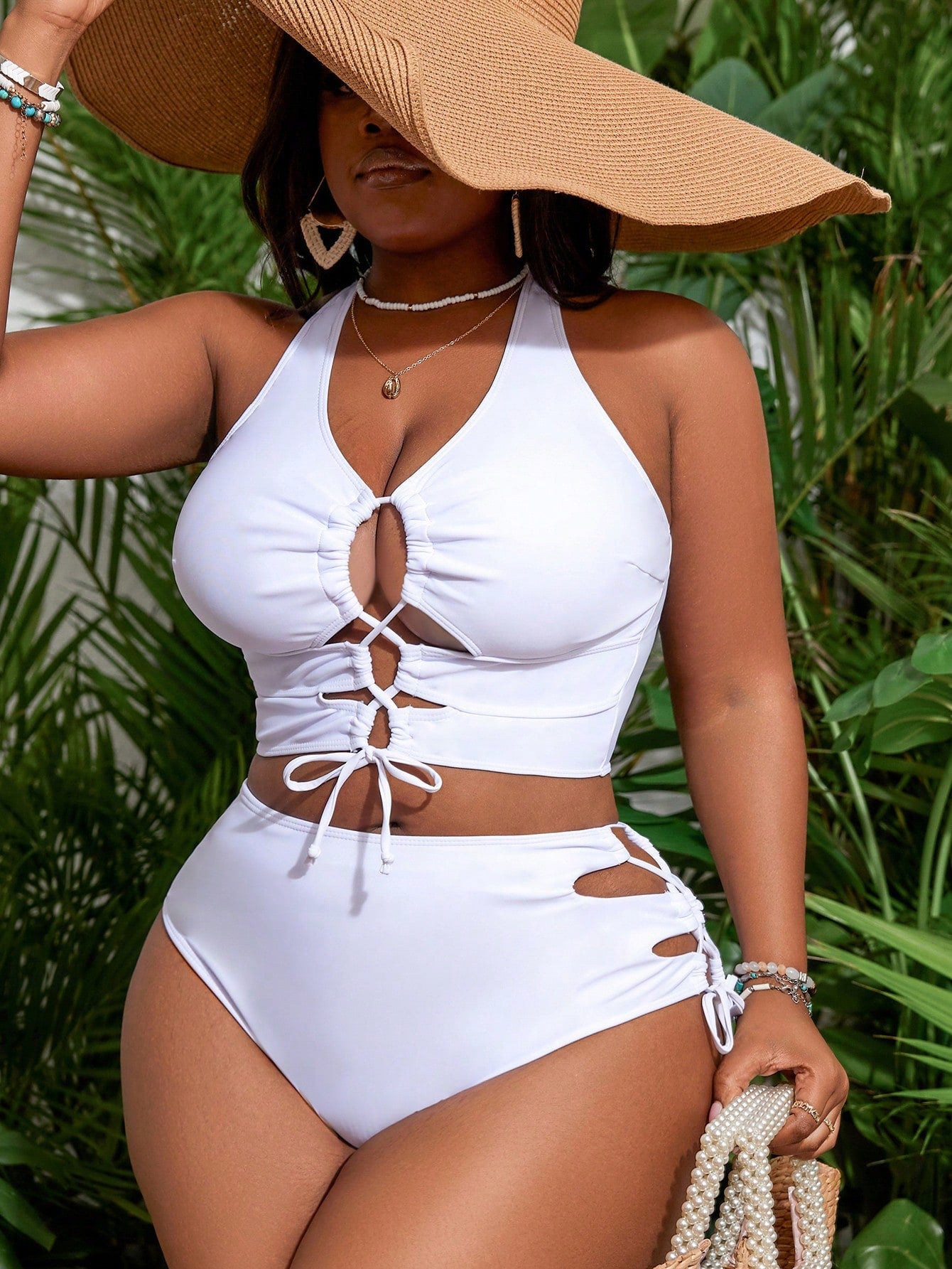 Plus Size Women Solid Color Criss Cross Strap Swimwear Set