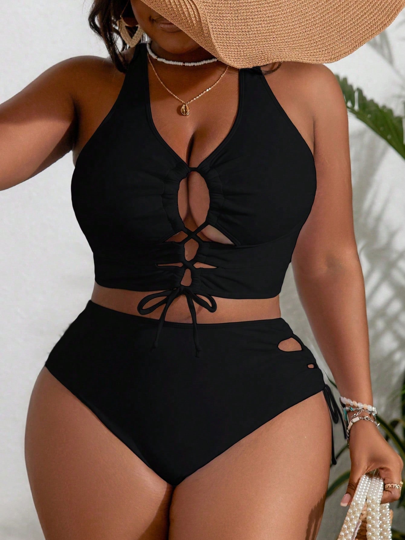 Plus Size Women Solid Color Criss Cross Strap Swimwear Set