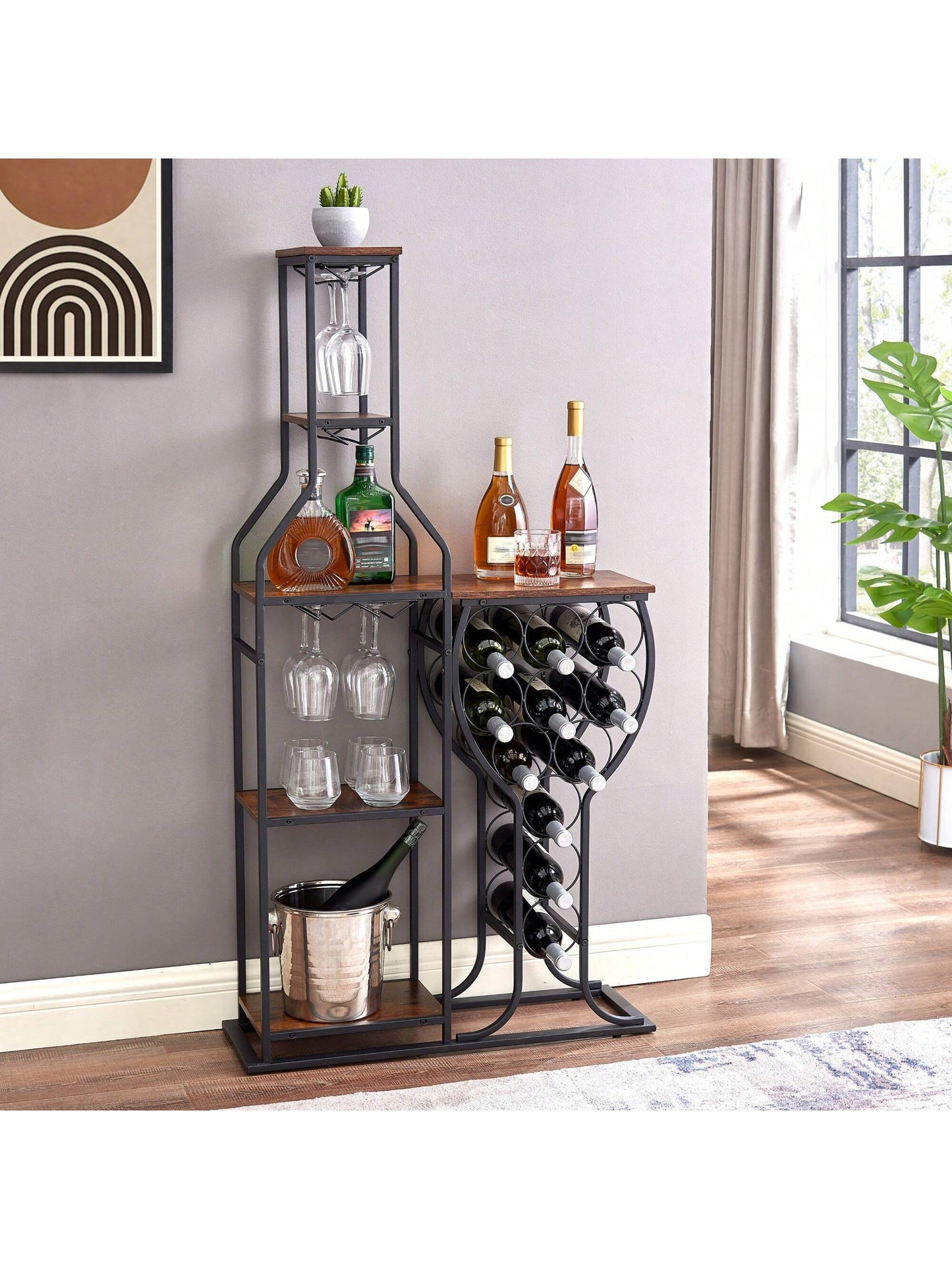 11 Bottle Wine Bakers Rack, 5 Tier Freestanding Wine Rack With Hanging Wine Glass Holder And Storage Shelves, Wine Storage Home Bar For Liquor And Wine Storagefor Kitchen, Dining Room