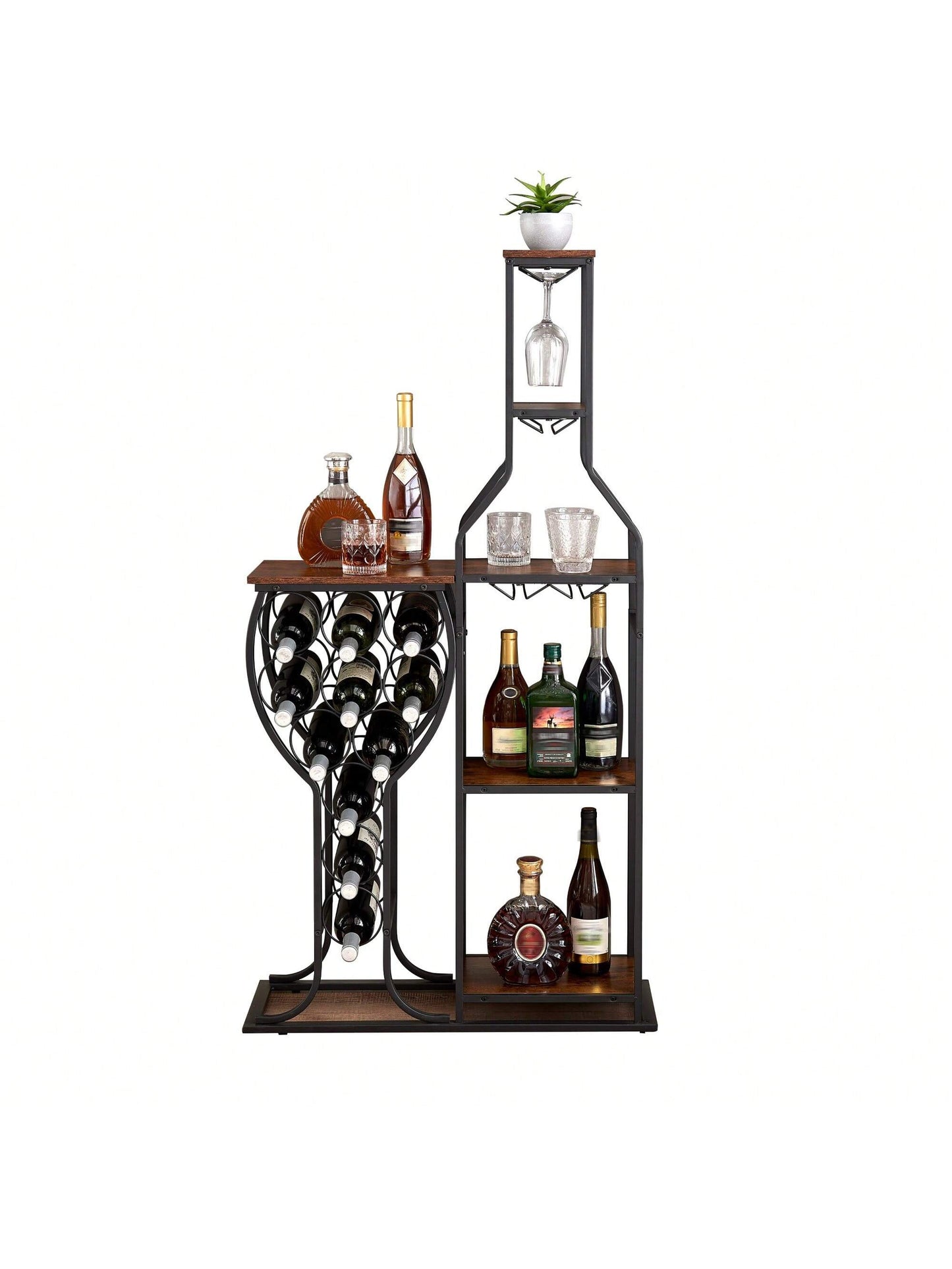 11 Bottle Wine Bakers Rack, 5 Tier Freestanding Wine Rack With Hanging Wine Glass Holder And Storage Shelves, Wine Storage Home Bar For Liquor And Wine Storagefor Kitchen, Dining Room