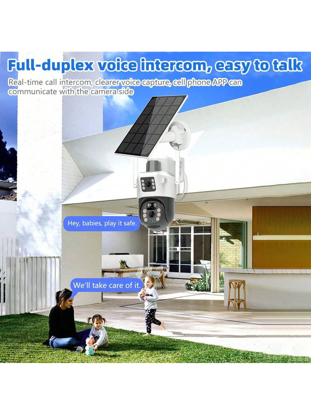 Solar Powered Outdoor Security Camera Dual Lens , PT Outdoor Security Camera, PIR Sensor, Sensor Alarm, Outdoor IP66 Waterproof Protection, Dustproof, Lightning Resistant, SD/Cloud Storage