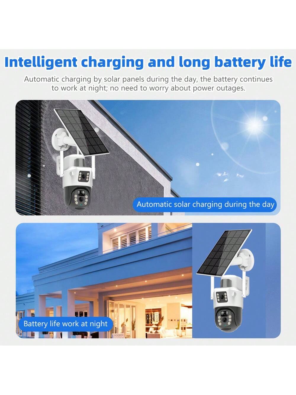 Solar Powered Outdoor Security Camera Dual Lens , PT Outdoor Security Camera, PIR Sensor, Sensor Alarm, Outdoor IP66 Waterproof Protection, Dustproof, Lightning Resistant, SD/Cloud Storage