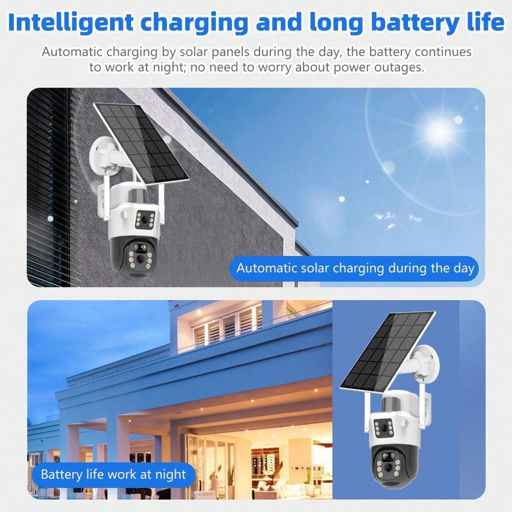 Solar Powered Outdoor Security Camera Dual Lens , PT Outdoor Security Camera, PIR Sensor, Sensor Alarm, Outdoor IP66 Waterproof Protection, Dustproof, Lightning Resistant, SD/Cloud Storage