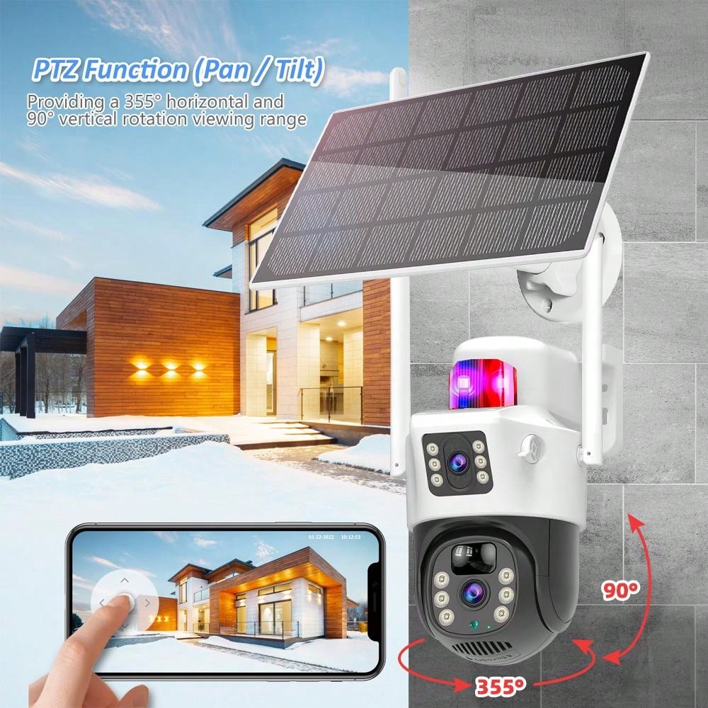 Solar Powered Outdoor Security Camera Dual Lens , PT Outdoor Security Camera, PIR Sensor, Sensor Alarm, Outdoor IP66 Waterproof Protection, Dustproof, Lightning Resistant, SD/Cloud Storage