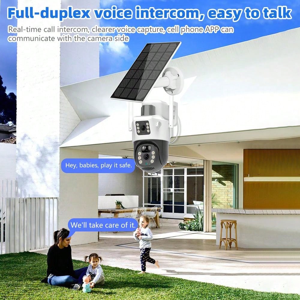 Solar Powered Outdoor Security Camera Dual Lens , PT Outdoor Security Camera, PIR Sensor, Sensor Alarm, Outdoor IP66 Waterproof Protection, Dustproof, Lightning Resistant, SD/Cloud Storage