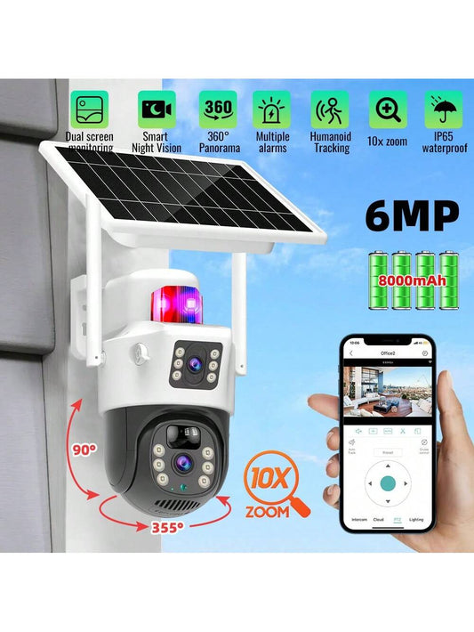 Solar Powered Outdoor Security Camera Dual Lens , PT Outdoor Security Camera, PIR Sensor, Sensor Alarm, Outdoor IP66 Waterproof Protection, Dustproof, Lightning Resistant, SD/Cloud Storage