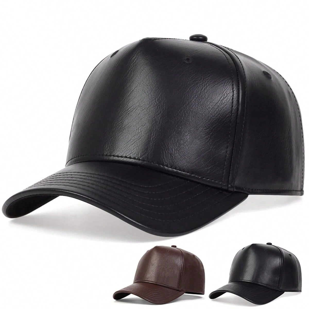 1pc Men's PU Leather Baseball Cap, Solid Color, Adjustable, Warm, Casual Hat, Suitable For Outdoor, Autumn/Winter Travel, Beach Party