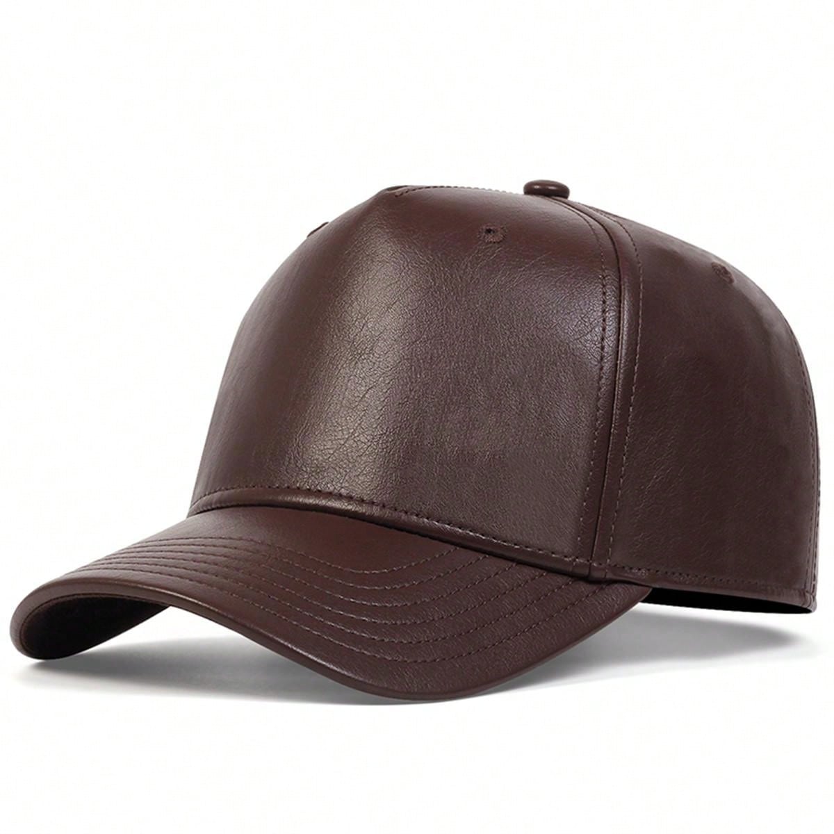 1pc Men's PU Leather Baseball Cap, Solid Color, Adjustable, Warm, Casual Hat, Suitable For Outdoor, Autumn/Winter Travel, Beach Party