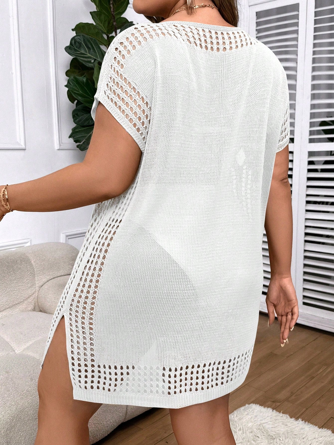 Swim Curve Plus Hollow Out Batwing Sleeve Cover Up Dress Without Bikini